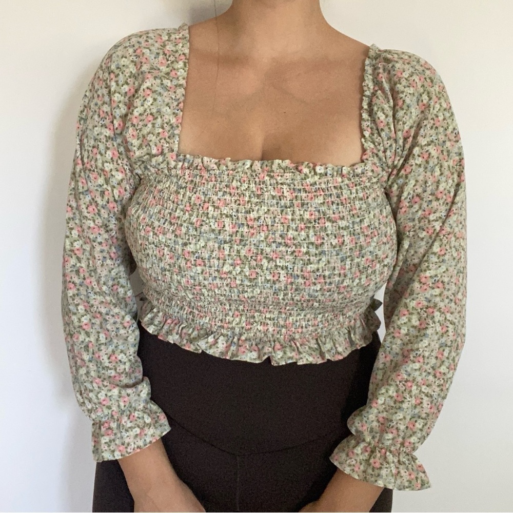 Forever 21 Green And Pink Floral Smocked Blouse